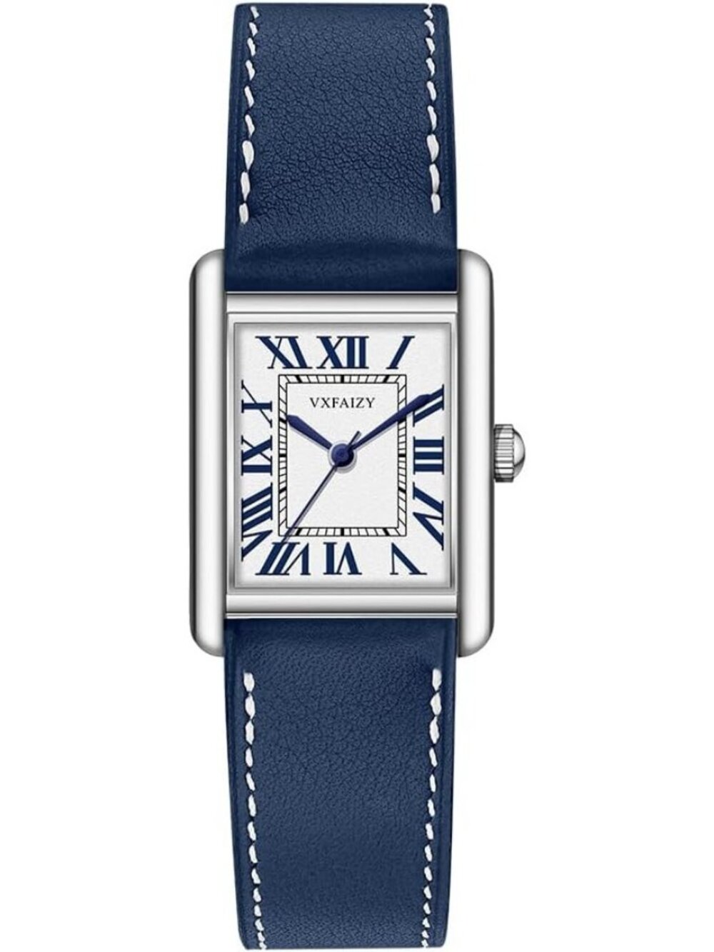 Women's Blue Silver Vintage Roman Number Genuine Leather Strap Wrist Watches